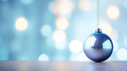 Naklejka na ściany i meble Festive Elegance: A Reflective Blue Christmas Ornament Against a Soft Bokeh Background, Horizontal Poster or Sign with Open Empty Copy Space for Text 