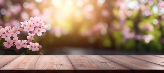 An empty wooden table top overlooking a blooming spring garden. Blurred background. - obrazy, fototapety, plakaty