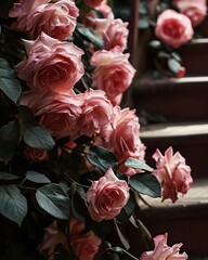 Beautiful pink roses on the stairs in the park, vintage style