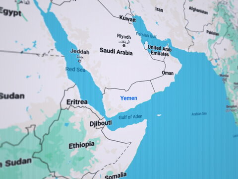 3d rendering illustration of LCD screen close up with Saudi Peninsula in focus and Yemen highlighted