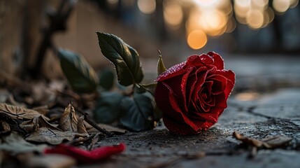 Red rose on a wooden background with bokeh. Valentine's Day