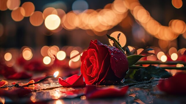 Red rose on the background of candles and bokeh lights.