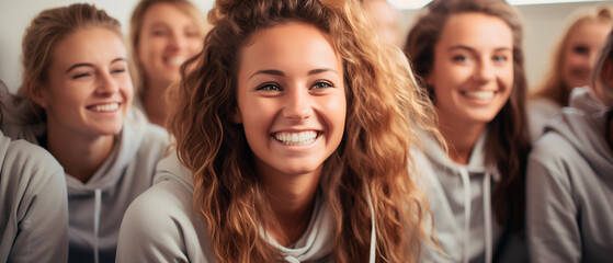 Fototapeta premium Sporty woman and athlete happy and smiling. Group of women dressed in light gray sweatshirts. Athletes training, healthy lifestyle and sports concepts.