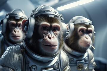 A group of monkeys in astronaut costumes in a spaceship, space exploration.