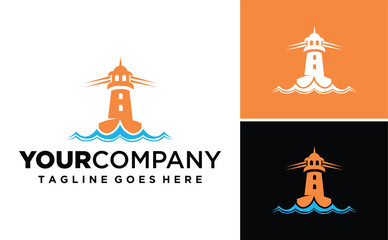 Lighthouse with Ocean Wave vector logo design
