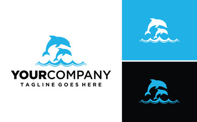 Waves and Jumping Dolphin logo design vector illustrations
