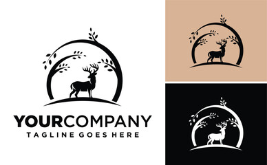 Silhouette Deer  with Tree vector logo design