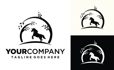 Silhouette Horse  with Tree vector logo design