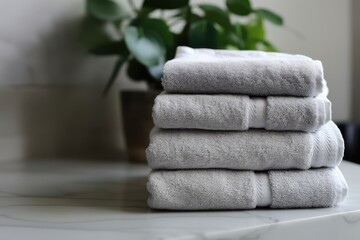 Stack of gray terry towels on marble countertop, sharp focus, blurred background