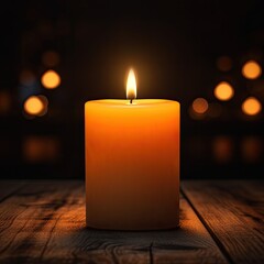 Сose-up burning candle with warm light on a blurred garland background