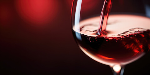 Pouring red wine into glass on dark background - obrazy, fototapety, plakaty