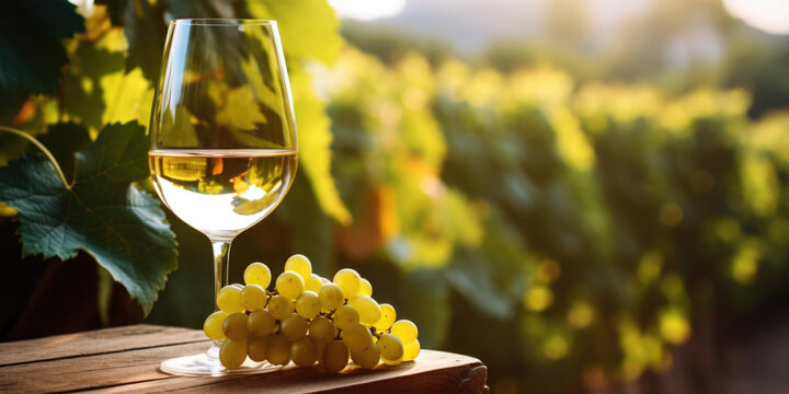 White wine glass decorated with grapes standing on a table in the sunlit vineyard