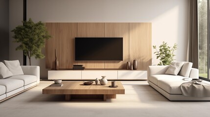 Modern living room with white and natural wood furniture in minimalist design