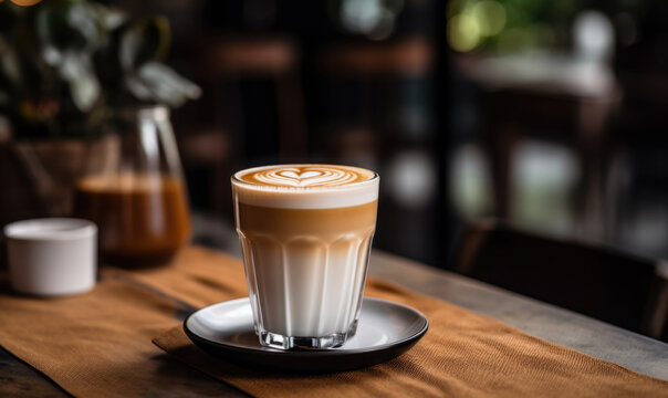 Latte Macchiato with Heart Art in Cozy Cafe Environment