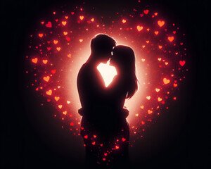 romantic silhouette of man and woman couple together in love with orange heart background