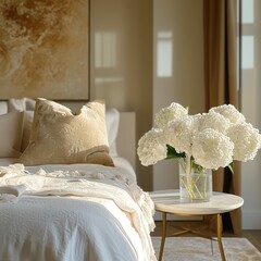 Vase of flowers in neutral beige tone hotel bedroom interior