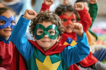 Children dressing up in superhero costume birthday party - obrazy, fototapety, plakaty