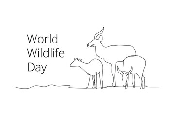 Continuous one line drawing World wildlife day concept. Doodle vector illustration.