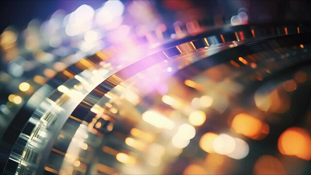 Closeup of a fan made with strips of film reels, forming a unique pattern.