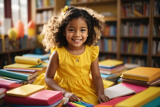 A playful child with a contagious smile, dressed in a vibrant yellow dress,back to school concept