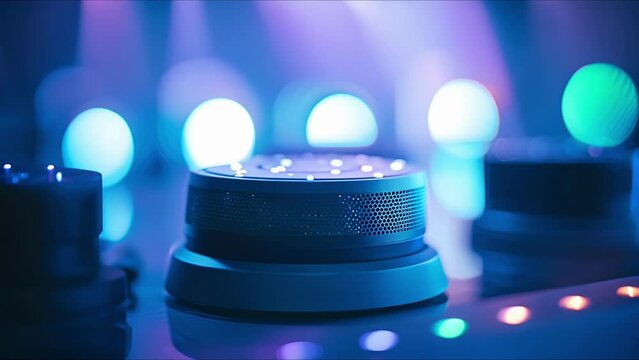 Closeup of a voiceactivated speaker system, with advanced sound control options.