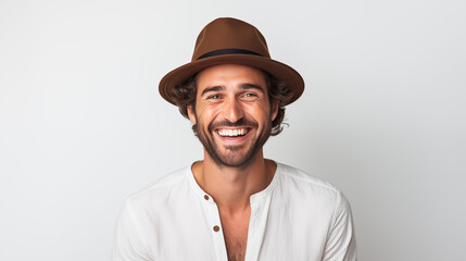 White man, around 35 years old, wearing a dark cherry felt hat with big smile on white background - obrazy, fototapety, plakaty
