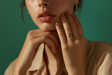Closeup portrait of beautiful young woman with makeup and golden ring and gold jewelry on her finger and ear. model in beige outfit. in the style of gold and light emerald. Fashion magazine.
