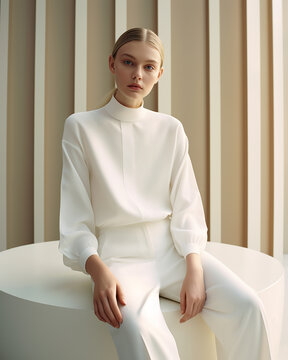 Fashionable blonde woman in elegant white clothes posing in studio. Beauty, fashion. magazine photo shoots.