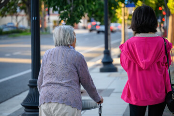Senior woman walking using a mobility walker on the pedestrian footpath, accompanied by her...