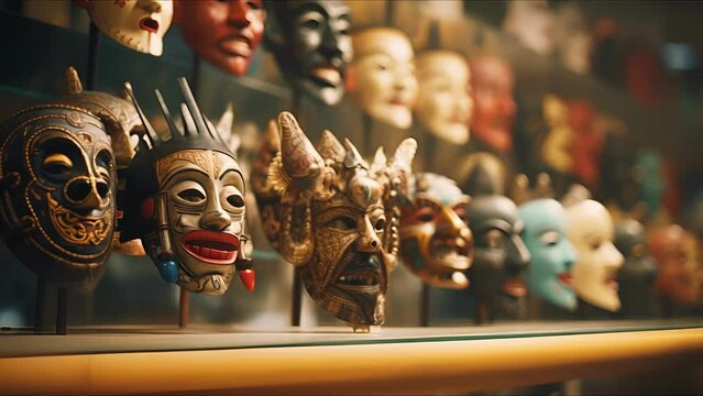 Closeup of a display of ornate masks from different cultures at a cultural museum.