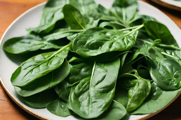 Fresh spinach leaves arranged on a plate with deep green color and delicate texture