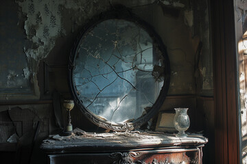 Old, crazed wall mirror in an abandoned house. vintage look. 