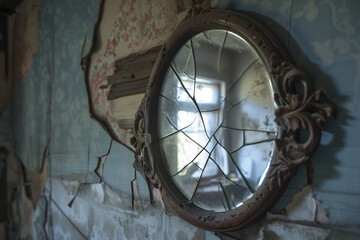 Old, crazed wall mirror in an abandoned house. vintage look. 