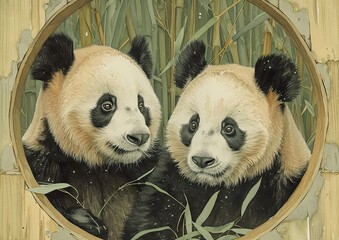     Twin Pandas Enjoying Bamboo Vintage Illustration
