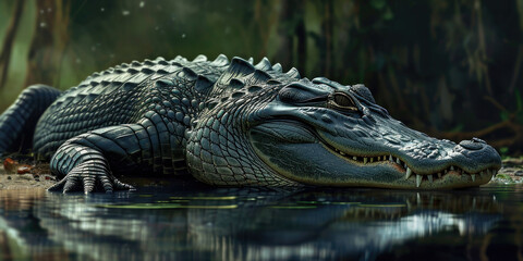 an alligator resting in some water, generative AI - obrazy, fototapety, plakaty