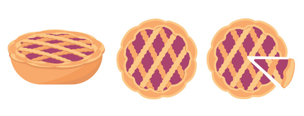 Pie top view. Cooked tasty round food pastry pie desserts exact vector, cherry pie.