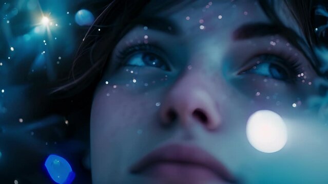 A closeup of a womans face, framed by a halo of ling stardust, her eyes transfixed on a shooting star in the night sky.