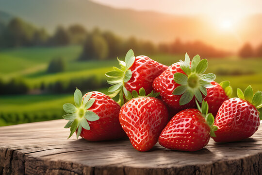 Pile of Strawberries on Table with Strawberry Field Background