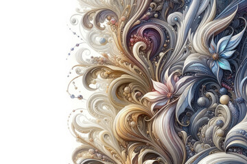 abstract swirling floral design background with white copy space
