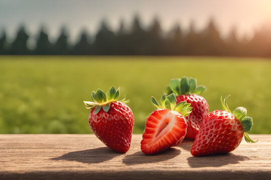 Pile of Strawberries on Table with Strawberry Field Background
