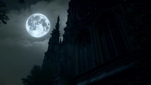As the moon climbs higher in the sky, its light reveals intricate carvings and grotesque gargoyles adorning the cathedrals fa&Atilde;&sect;ade, a testament to the macabre beauty of gothic Fantasy animatio