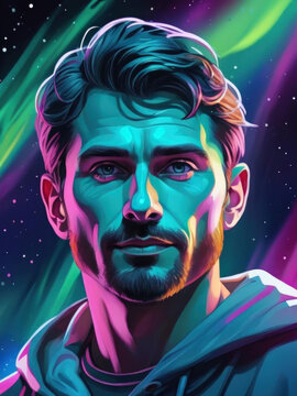 Close-up Portrait of a Man Under the Aurora Borealis and Luminescent Effects from Pregabalin - Gouache Brushstrokes and Neon Vector Illustrations Gen AI