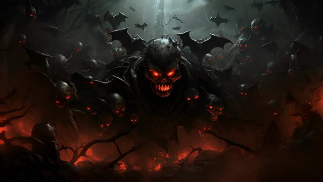 A leering skull with glowing red eyes amidst a flurry of bats.