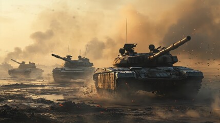 a armored tank shooting of a battle field in a war. bombs and explosions in the background. fire smoke and ash everywhere. pc desktop wallpaper background. 16:9, 4k - obrazy, fototapety, plakaty