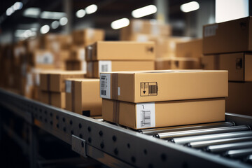Cardboard boxes of different sizes on a conveyor belt in a shipping company, shipping business concept photo