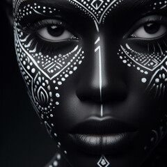 beautiful black african woman with paint design marking on her face - 708294353