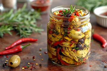 Foto op Canvas A jar filled with marinated artichoke hearts, Kalamata olives, and roasted red peppers, creating a Mediterranean-inspired visual delight against a neutral backdrop. © Daria