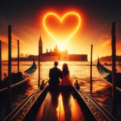 Fototapeten couple in love looking over canals in venice with big love heart © clearviewstock