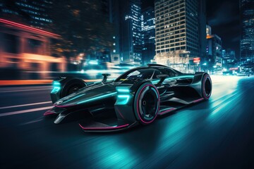 An electric Racing Car driving through a futuristic city at night created with Generative AI Technology - obrazy, fototapety, plakaty