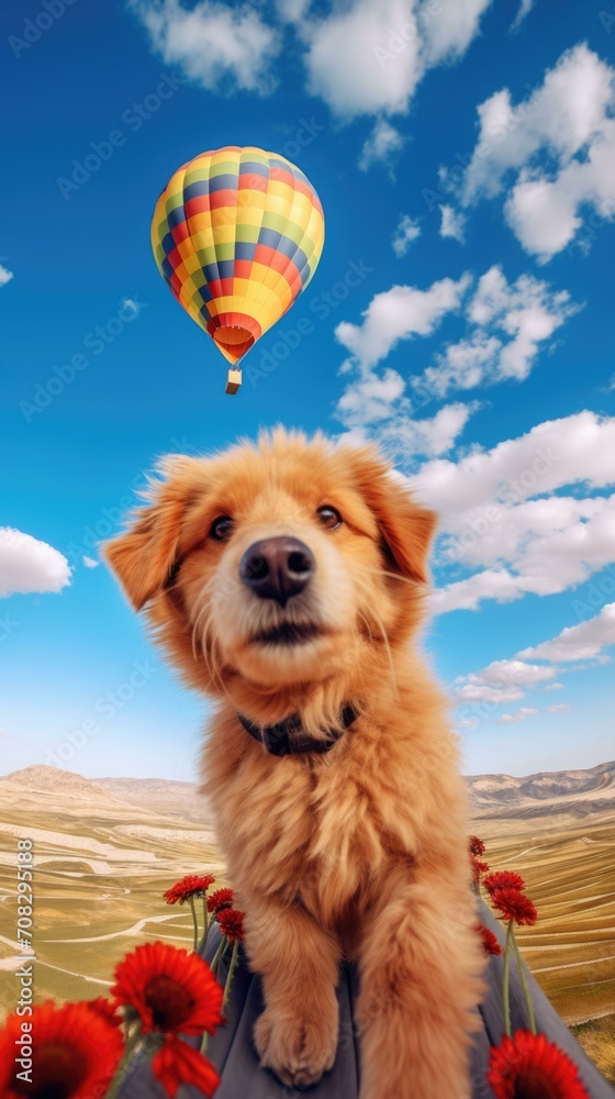 Canvas Prints a dog is standing on a bench with a hot air balloon. generative ai.